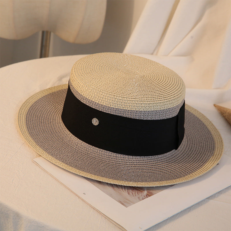 Summer Elegant Retro Women Flat Top Straw Hat Trip Caps Leisure Beach Sun Hats M Letter Breathable Flower Beach Hat