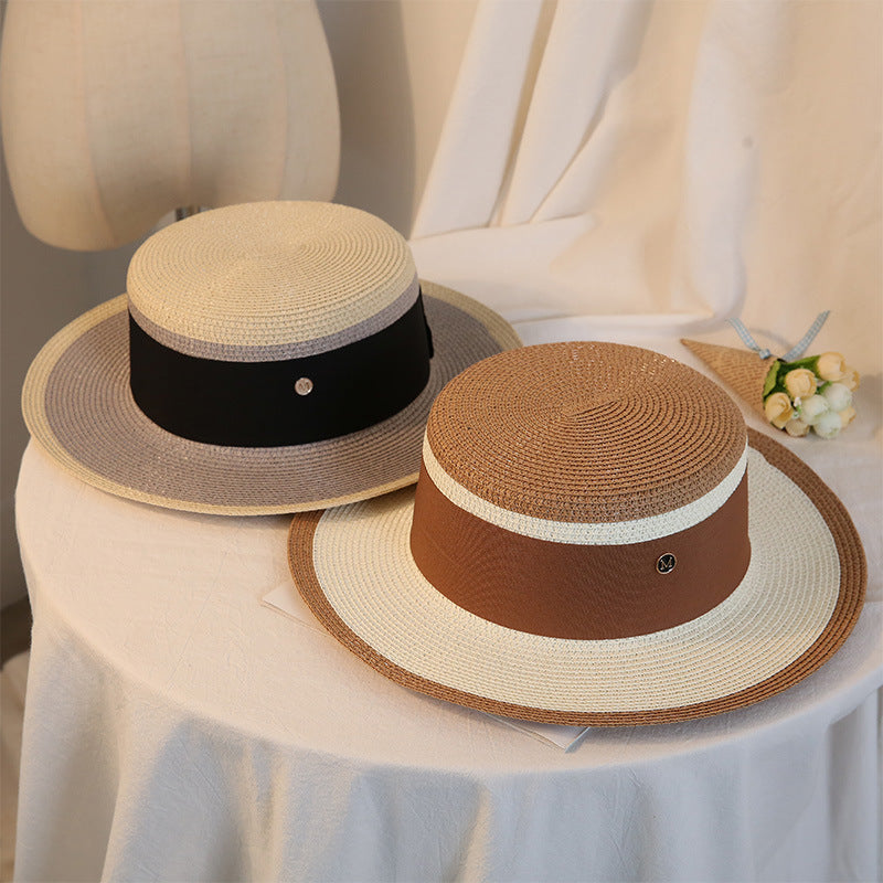 Summer Elegant Retro Women Flat Top Straw Hat Trip Caps Leisure Beach Sun Hats M Letter Breathable Flower Beach Hat