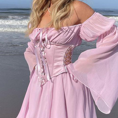 Chiffon Summer Dress Pink Bandage Corset Casual