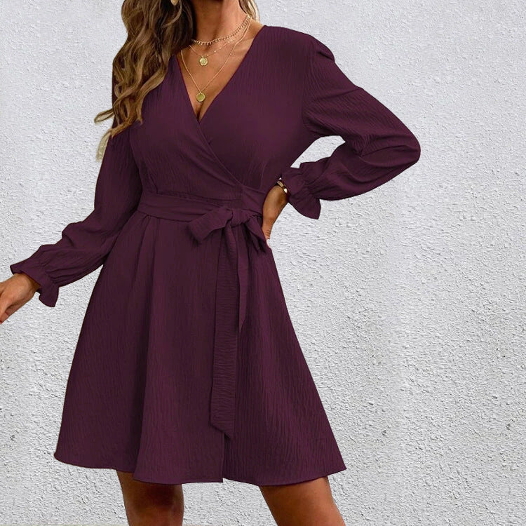 Women's Solid Color Belted Balloon Sleeve Dress