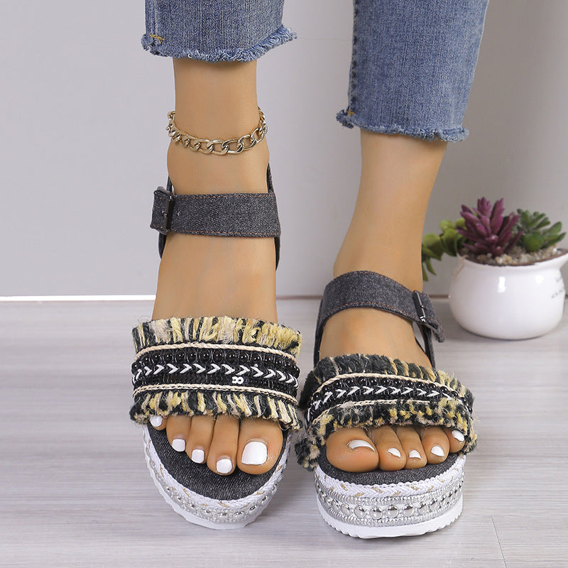 Fashion Tassel Denim Sandals With Thick-soled Flat Heel New Summer Hemp Rope Sole Ethnic Style Shoes For Women