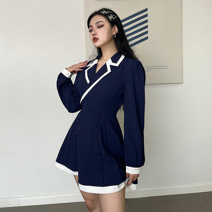 Women's Contrast Suit Collar Long Sleeve Shirt Dress