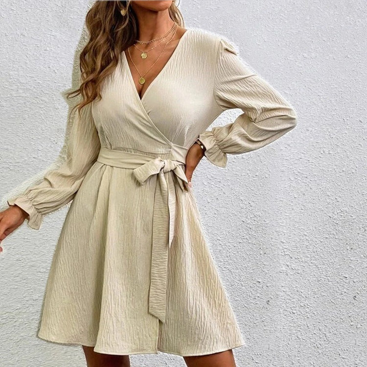 Women's Solid Color Belted Balloon Sleeve Dress