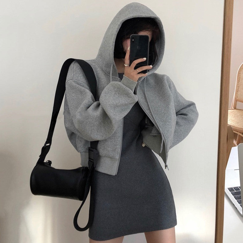 Long Sleeve Hooded Short Sweatshirt Retro Slim Pack Hip Dress Set