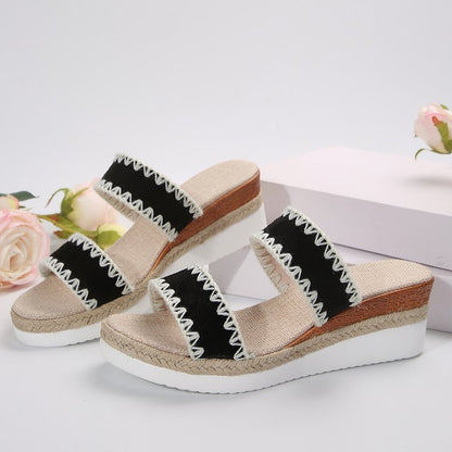 New Hemp Rope Woven Wedge Slippers Summer Ethnic Style Sandals Double Wide Strap Shoes For Women