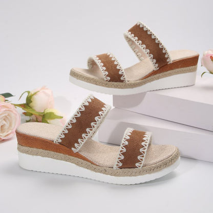 New Hemp Rope Woven Wedge Slippers Summer Ethnic Style Sandals Double Wide Strap Shoes For Women