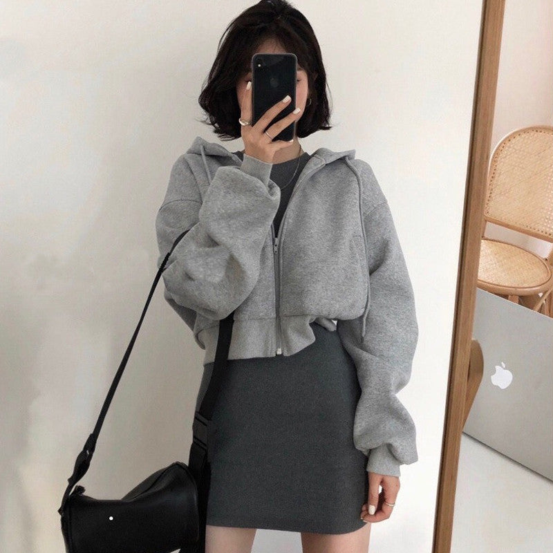 Long Sleeve Hooded Short Sweatshirt Retro Slim Pack Hip Dress Set