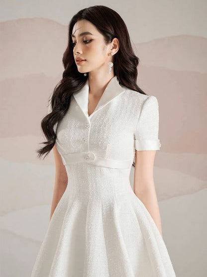 Elegant Lapel A- Style Hemline Niche White Short Sleeve