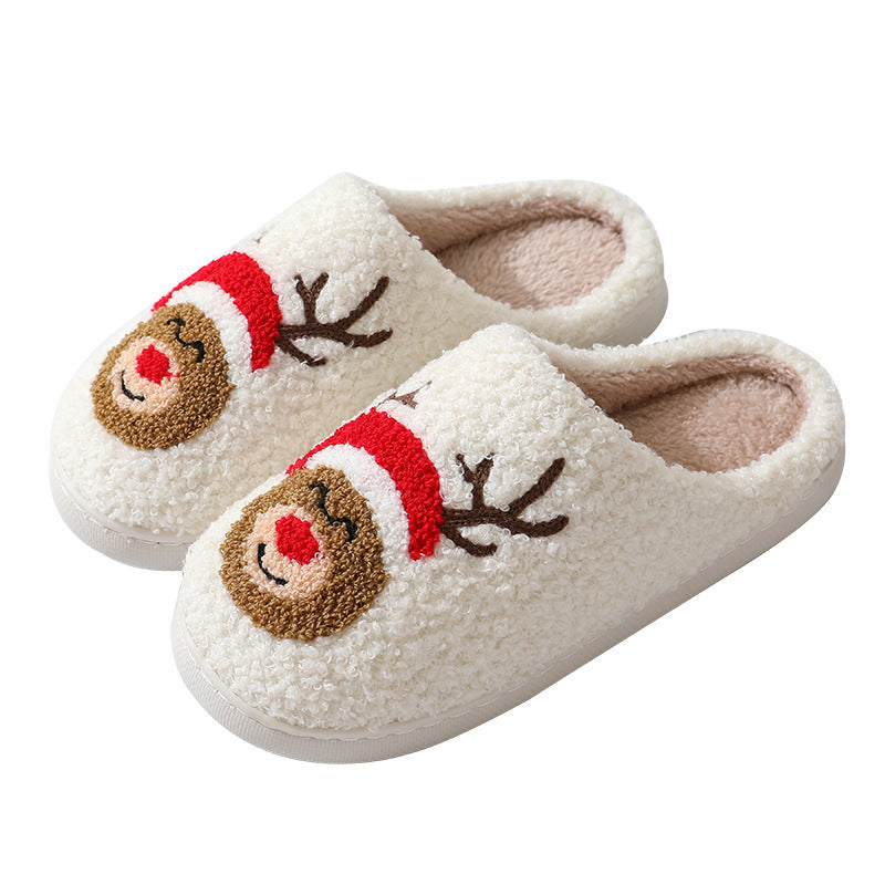 Christmas Home Slippers Cute Cartoon Santa Claus Cotton Slippers For Women And Men Couples Winter Warm Furry Shoes