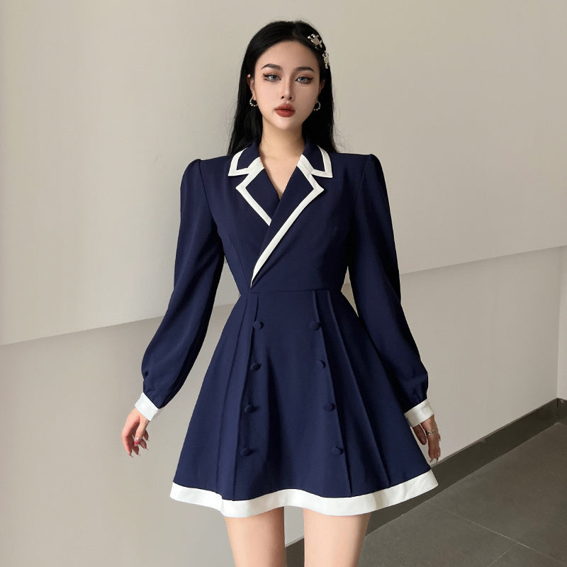 Women's Contrast Suit Collar Long Sleeve Shirt Dress