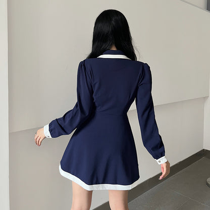 Women's Contrast Suit Collar Long Sleeve Shirt Dress