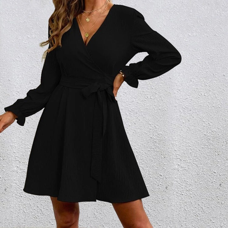 Women's Solid Color Belted Balloon Sleeve Dress