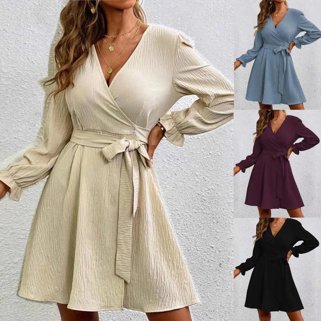 Women's Solid Color Belted Balloon Sleeve Dress