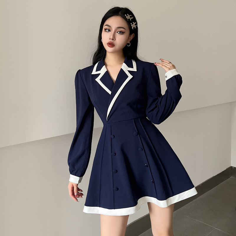 Women's Contrast Suit Collar Long Sleeve Shirt Dress